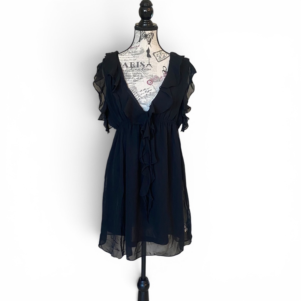 Baby Phat Mini Dress Womens Large Black Ruffle V-Neck Y2K Babydoll K6KB64BKDBP
